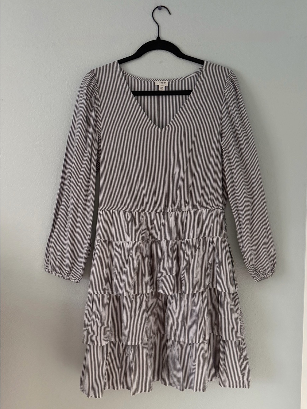 J. Crew 100% Cotton Striped Tiered V-Neck Long-Sleeve Dress